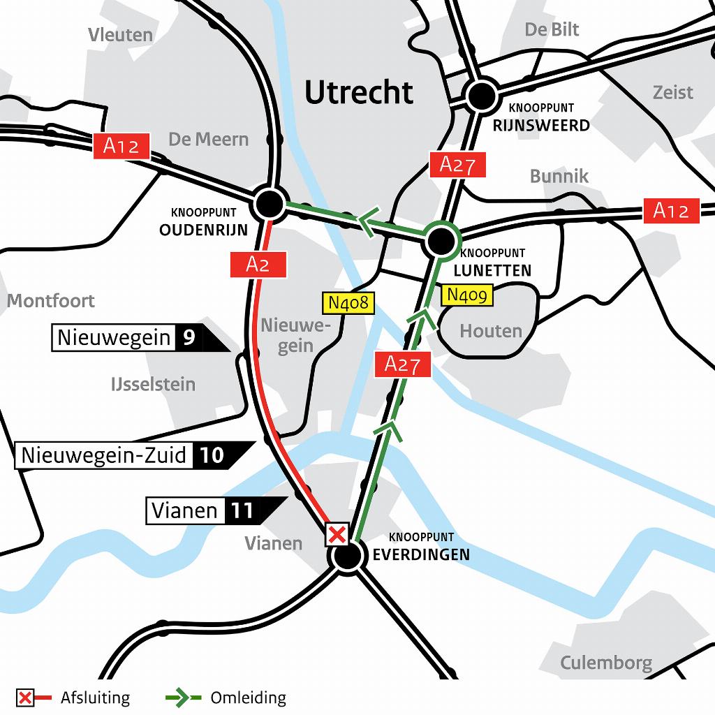 A2: 6 weekenden groot onderhoud tussen knooppunten Everdingen en Oudenrijn
